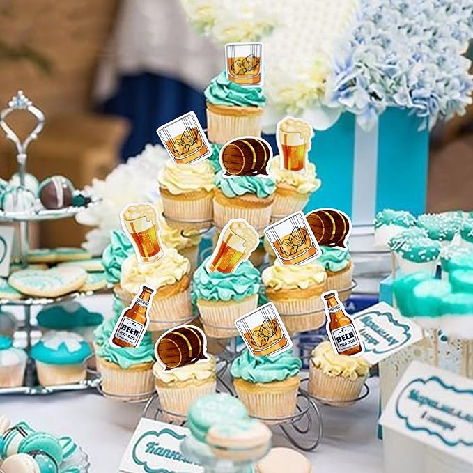 Ercadio 40 PCS Edible Beer Party Cupcake Toppers Cheers and Beers Happy Birthday Party for Father's Day Beer Kegs Cake Drink Topper Favor for Summer Family Party Decor Supplies