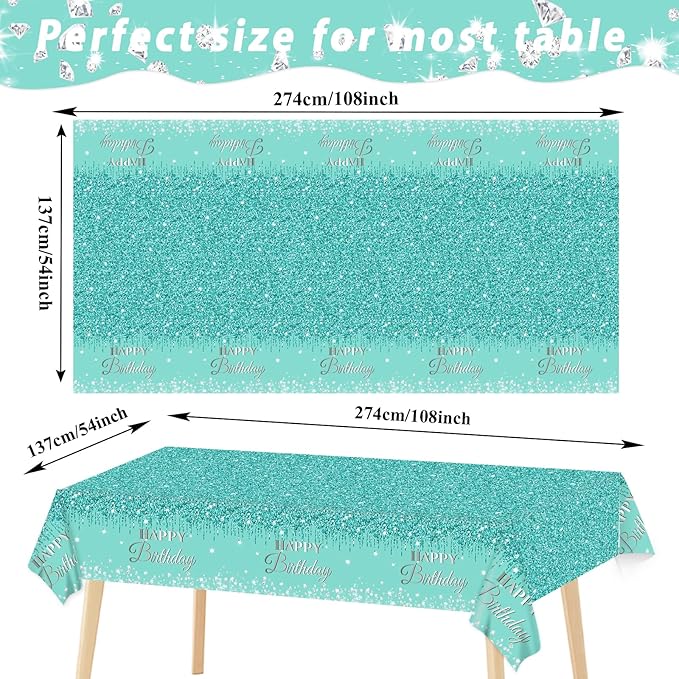 3 Pieces Teal and Silver Birthday Tablecloths for Happy Birthday Party Decorations Plastic Disposable Breakfast Blue Theme Table Covers for Girls Women Silver GlitterParty Supplies, 54 x 108 Inches