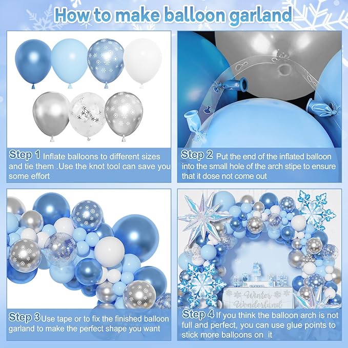 Amandir 162PCS Blue Snowflake Balloons Arch Garland Kit, Winter Wonderland Banner White Silver Latex Snow Confetti Balloons Princess Winter Wonderland Christmas Baby Shower Birthday Party Decorations