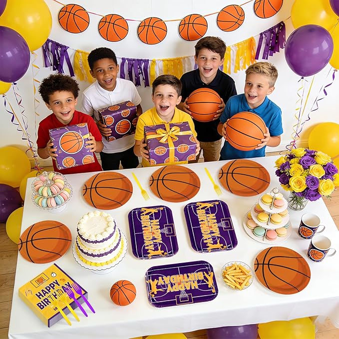 96Pcs Basketball Birthday Party Decorations Sports Themed Plates and Napkins Purple Yellow Basketball Disposable Paper Tableware Set for Kids Boys Men Birthday Party Supplies Serves 24