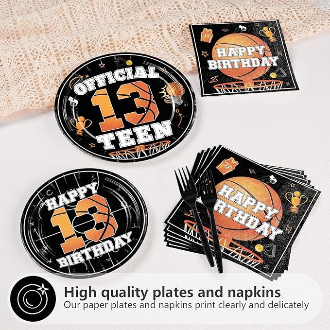 96pcs 13th Birthday Party Supplies Basketball Plates and Napkins Disposable Basketball Sports Theme Tableware Set for Boys Kids Official Teen 13 Years Old Birthday Party Decorations, Serves 24