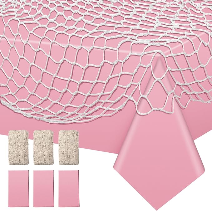 Unittype 6 Pack Fish Net Decorative and Tablecloth Set, Cotton Fishnet and Plastic Table Cover Decorations Set for Nautical Themed Party Baby Shower Pirate Decorations Mermaid Party Supply (Pink)