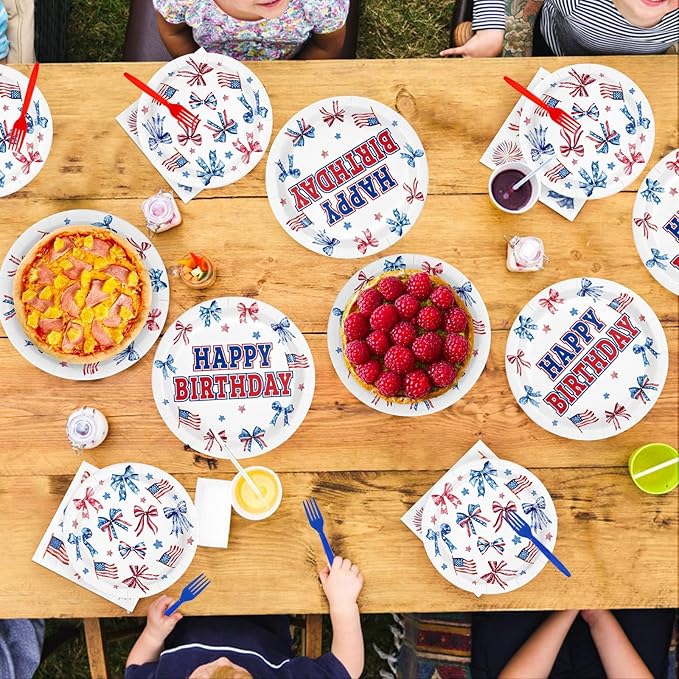 96Pcs Red White and Blue Birthday Decorations Patriotic Plates and Napkins Disposable Blue and Red Bows Decor Paper Tableware for Girls Happy Birthday Presidents Day Party Supplies Serves 24