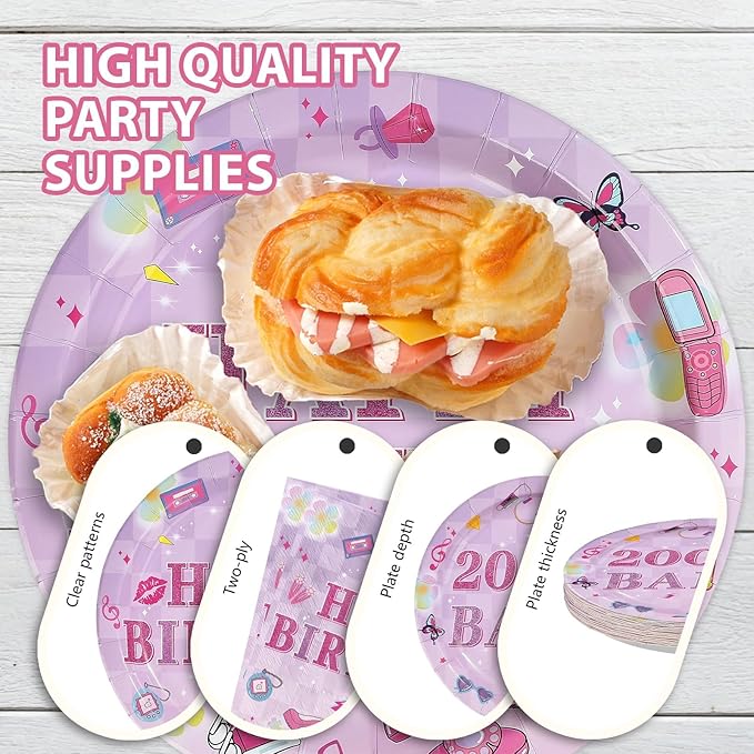 96 Pcs Y2k 2000s Birthday Party Supplies Pink Retro Fashion Plates and Napkins Disposable Early 2000s Theme Tableware Set for Girls Women Teen Birthday Party Decorations Serves 24