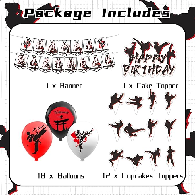 Taekwondo Birthday Party Decorations Karate Party Supplies Includes Karate Taekwondo Birthday Banner Cake Topper Cupcake Toppers Balloons for Men Women Girls Boys Party