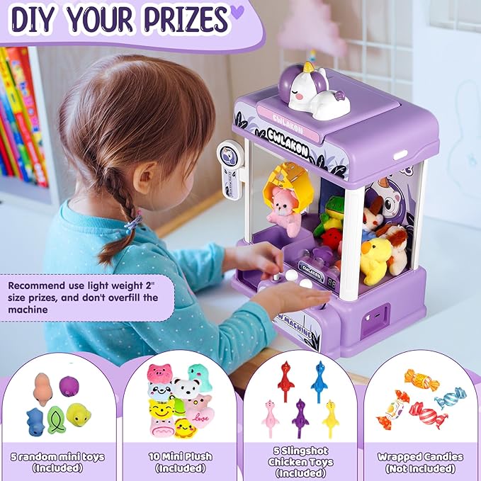 CWLAKON Claw Machine for Kids, Mini Vending Machine Unicorns Toys with Sound for Girls Age 3+, Candy Grabber Prize Dispenser Machine Arcade Games with Mini Plush Toys, Christmas Birthday Gifts