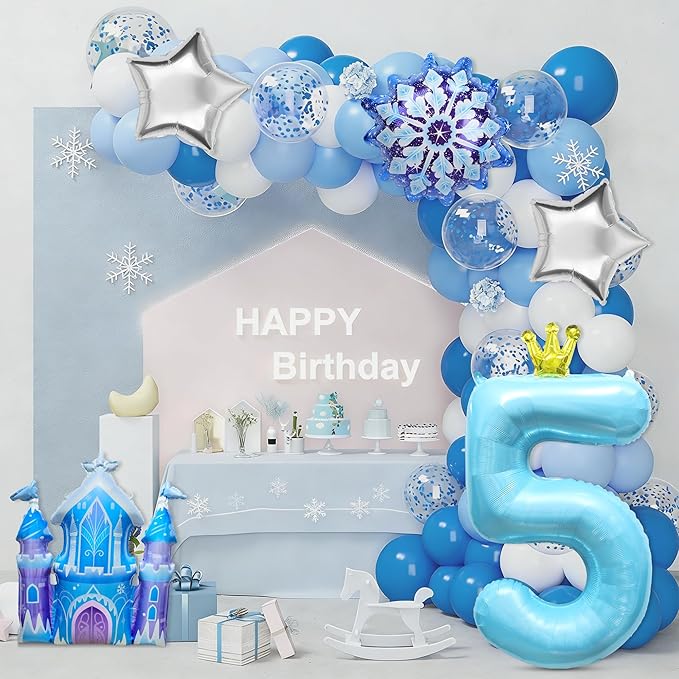 7Pcs 5th Birthday Party Decorations Balloons,Winter Snowflake Balloons Large Blue 40 Inch Number 5 Balloon Foil Star Castle Ballon for Birthday Party Favor Decor Supplies Winter Wonderland Decoration