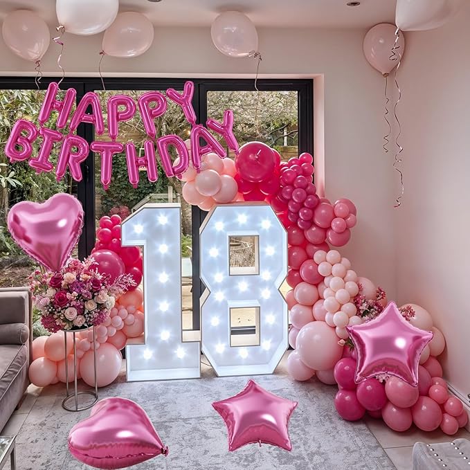 29PC Hot Pink Happy Birthday Balloon Banner, 16 Inch 3D Letter Banner Sign, Pink Hot Pink Metallic Balloons 18 Inch Star Heart Foil Balloons for Women, Girls Party Decorations