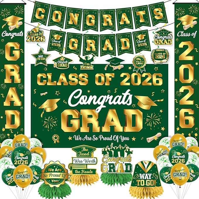 Graduation Decorations Class of 2026 Green and Gold Graduation Party Decor Set include Congrats Grad Banner Backdrop Class of 2026 Balloons Party Supplies