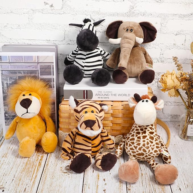 5 Pieces Safari Stuffed Animals Toy Set Includes Lions Tigers Elephants Zebras and Giraffes 11.8 Inch Wild Animals Soft Realistic Jungle Toys