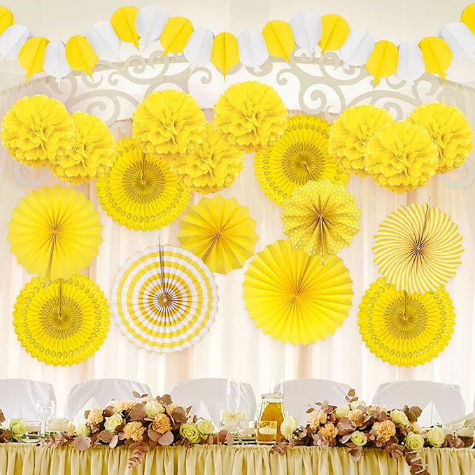 Yellow Party Decorations, Papar Fans Pompoms Fans Garlands for Birthday Bridal Baby Shower Wedding Graduation Spring Festival Party Decorations
