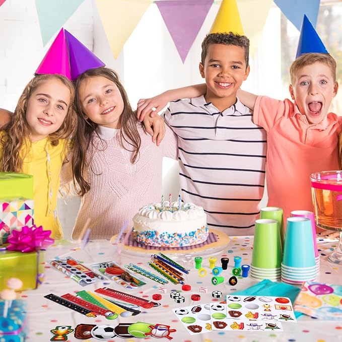 168 Pcs Sports Party Favors Sports Theme Party Supplies Football Basketball Baseball Soccer Stationery Set Notebook Sticker Stamper Eraser Ruler Pencil for Baby Shower Birthday Gift Prize