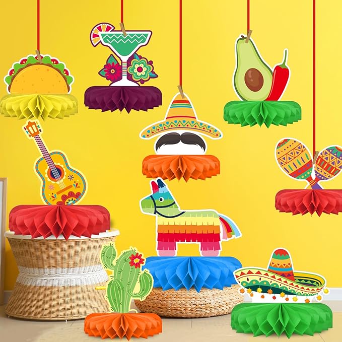 Fiesta Party Decorations - Authentic Mexican Themed Honeycomb Centerpiece for Cinco De Mayo, Taco Parties, Birthdays & Day of the Dead Celebrations