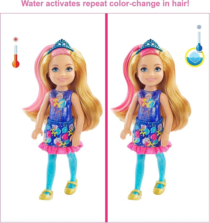 Barbie Chelsea Color Reveal Doll & Accessories, 6 Surprises Include Small Doll, Clothes & Color Change on Hair (Styles May Vary)