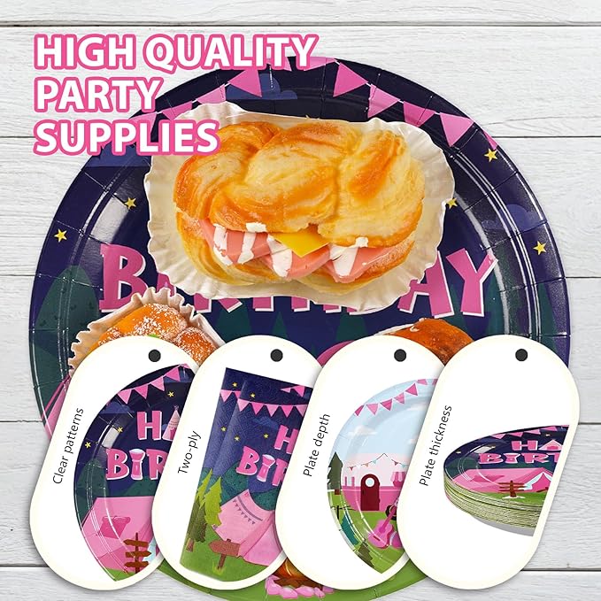 168Pcs Camping Birthday Party Decorations Hot Pink Camper Theme Plates Napkins Cups Forks Knives Spoons Campsite Campfire Tableware for Spring Summer Girls Camp Birthday Supplies Serves 24