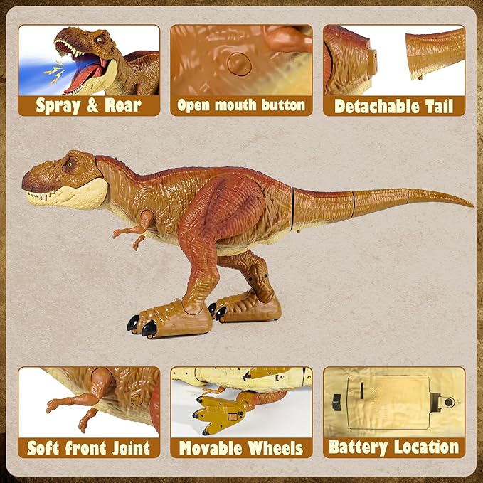 Tyrannosaurus Remote Control Dinosaur Toys for Kids 3-12, Adjustable Speed T Rex Toys with Mist Spray, Light & Roar, RC Robot Dinosaur Christmas, Birthday Gifts for Boys Girls（Brown）