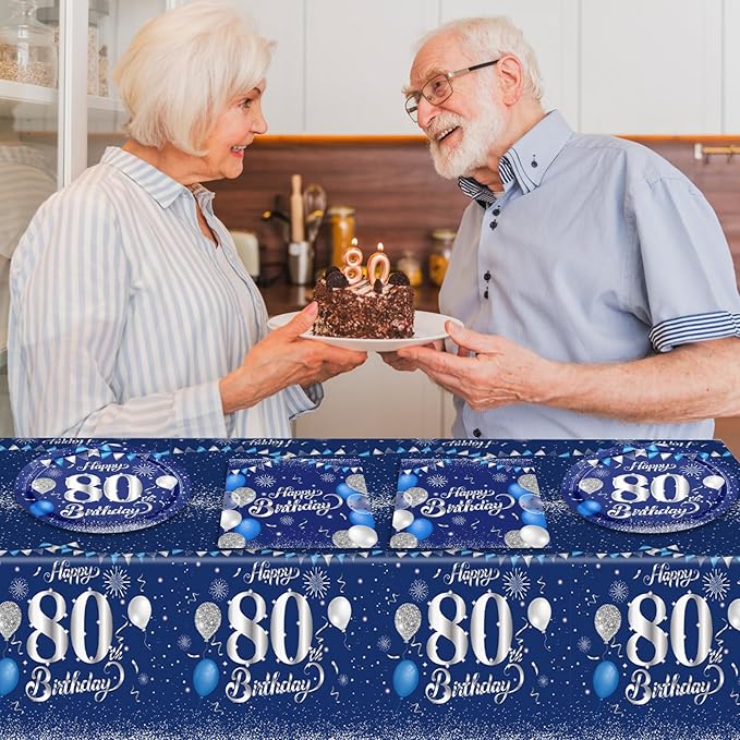 Blue 80th Birthday Decorations for Men Navy Blue Silver Happy 80th Birthday Tableware Set Include Happy 80th Birthday Plates Napkins Tablecloth for 60th Birthday Anniversary Party Decorations Supplies