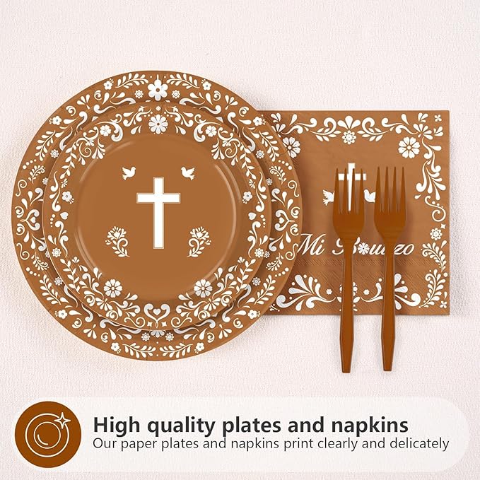 96 Pcs Mexican Baptism Decorations Disposable Brown Mexican Paper Plates and Napkins Lindo Tableware Set for Boy Christening First Holy Communion Baptism Baby Shower Party Supplies