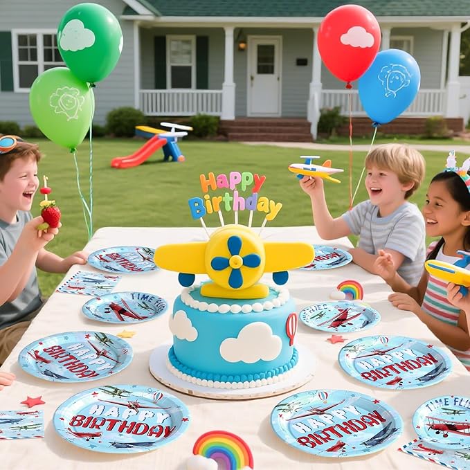 96Pcs Airplane Birthday Party Decorations Red & Blue Airplane Aircraft Plates and Napkins Tableware Set How Time Flies Birthday Decorations for Boys Baby Shower Pilot Plane Party Supplies Serve 24