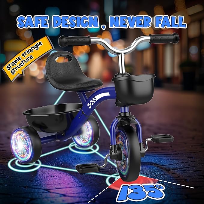 Toddler Tricycle for 1-3 3-4 Year Olds, 2 3 4 Year Old Boys Girls Birthday Gifts, Toddler Toys Baby Bike, Outdoor Toys for Ages 2-4, 3-Level Adjustable Seat, 3 Color Light Wheels, 2 Baskets