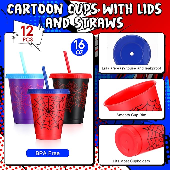 12 Pcs 16 oz Spider Cups Bulk with 3 Styles, Spider Birthday Party Favors Cups with Lids and Straws, Plastic Cup for Birthday Party Decorations, Birthday Party Favor Supplies for Friends