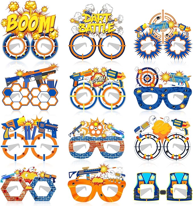 24 PCS Dart Battle Party Paper Eyeglasses, Dart Battle Party Favors Decorations Supplies, Dart War Birthday Party Decorations Gifts Photo Booth Props