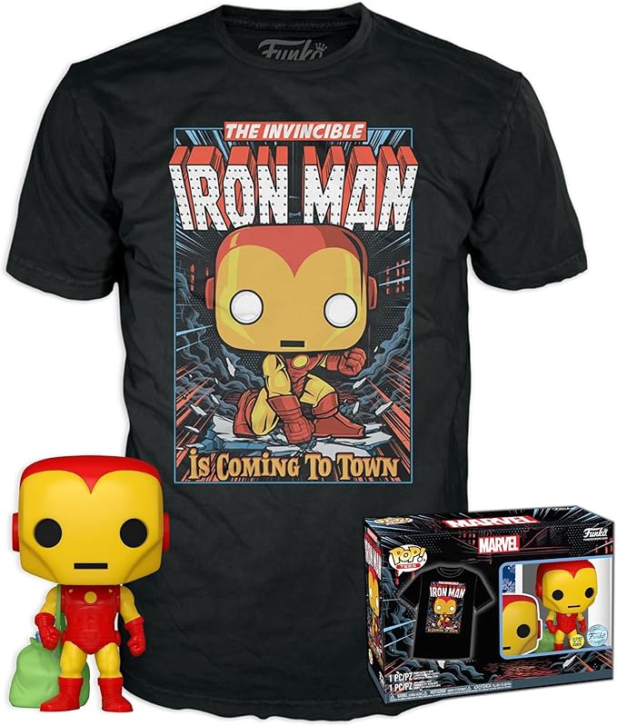 Funko &Tee: Marvel - Holiday Iron Man - Glow in The Dark - S - Marvel Comics - T-Shirt - Clothes with Collectable Vinyl Figure - Gift Idea - Toys and Short Sleeve Top for Adults Unisex Men and Women