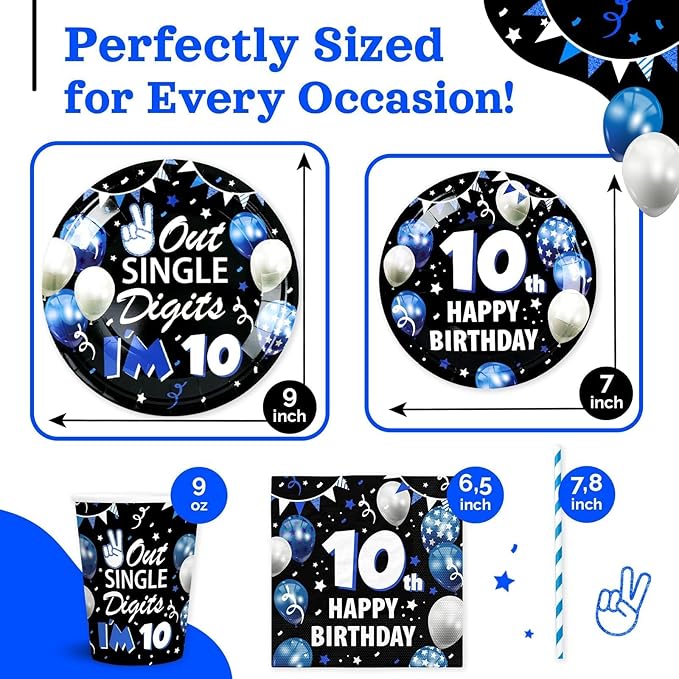 10th Birthday Decorations for Boys, 10 Year Old Boy Birthday Decorations Party Supplies, 120Pcs Double Digits Happy 10th Birthday Includes Paper Plates, Napkins, Cups and Straws | Serves 24