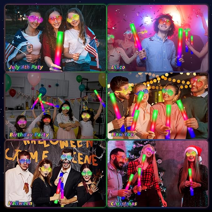 Glow Sticks Bulk Party Pack, 60 Pcs: Light Up Glasses, Foam Glow Sticks, Neon Accessories, Glow in the Dark Party Supplies Set for Disco, Wedding, Birthday, Concert, Halloween, Raves