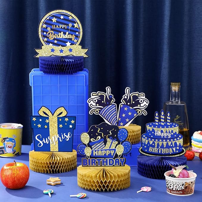 9 Pieces Blue Gold Birthday Table Decorations Happy Birthday Honeycomb Centerpieces Glitter Table Toppers, Blue and Gold Party Decorations for Kids Baby Shower, Men and Woman Party Supplies