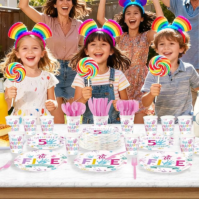 168Pcs Hi Five Birthday Party Decorations Colorful High Five Theme Plates and Napkins Cups Forks Disposable Boho 5th Tableware Sets for 5 Years Old Birthday Party Supplies Serves 24