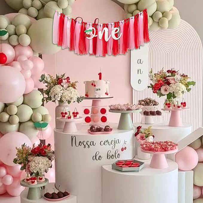 Cherry One High Chair Banner - Cherry Themed First Birthday Party Banner Garland, Sweet Girl Birthday Party Decoration Supplies Garland, Anniversary Photo Shoot Background Props Banner