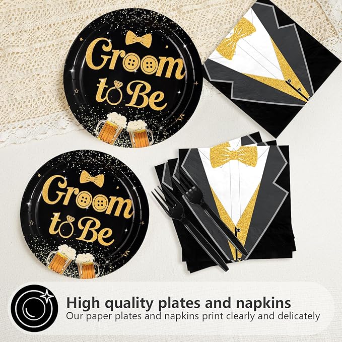 96Pcs Groom to Be Party Supplies Groom Shower Bachelor Plates and Napkins Black Gold Theme Party Disposable Paper Tableware Set for Engagement Wedding Bridal Shower Party Supplies Serves 24