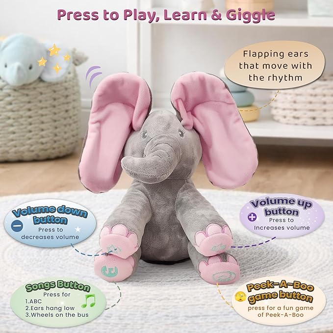 Dimple Kaia Elephant Stuffed Animal Toy - Animated Plush Pink Singing Elephant, Interactive Musical Peek-a-Boo for Babies, Kids, for Toddlers, Ages 0 and Up(Battery Included)