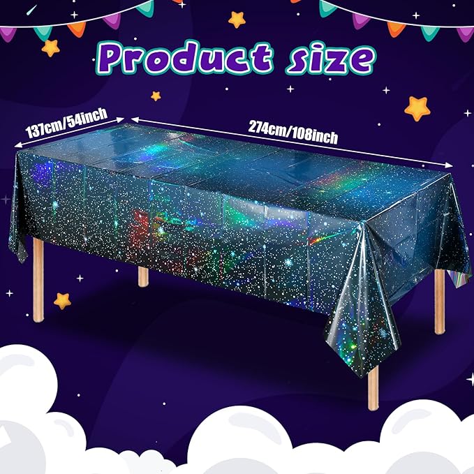 2Pcs Iridescent Space Tablecloths, Disposable Plastic Blue Galaxy Table Cloth Rectangle Table Covers for Space Starry Night Star Theme Party Birthday Party Decorations, 54x108 Inch