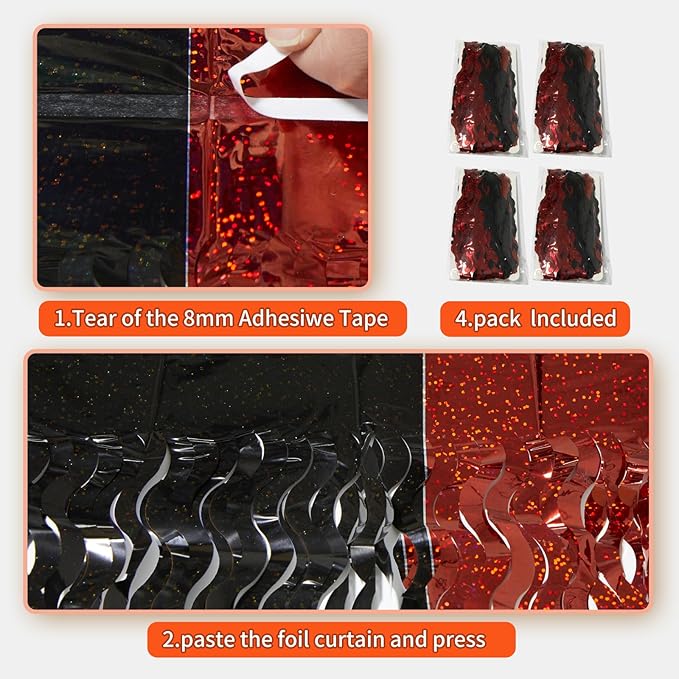 4 Pack Sparkle Red and Black Fringe Curtain - 3.3x6.6 Feet Tinsel Streamer for Birthday Decorations | Halloween Decorations | Casino Theme Party Decorations | Red Carpet