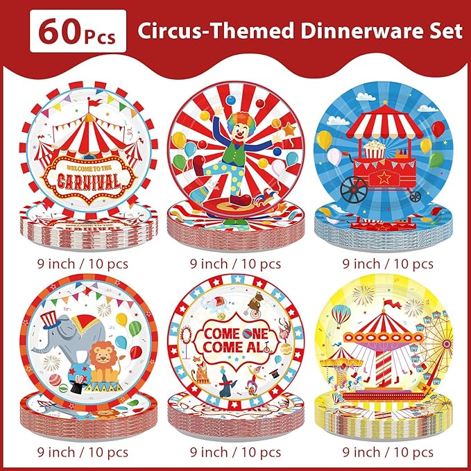 60Pcs Circus Paper Plates 9" Heavy Duty Disposable Carnival Circus Dessert Plates Circus Theme Party Decoration for Kids Boys Girls Birthday Baby Shower Festive Party Supplies