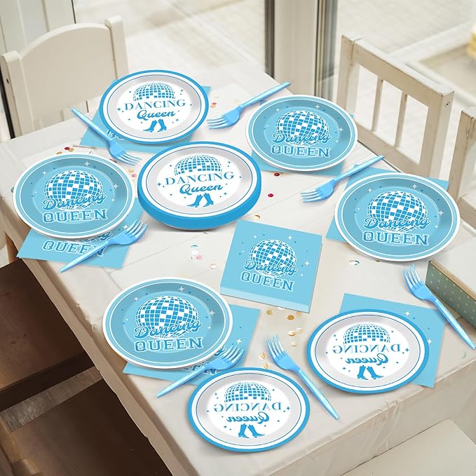96Pcs Dancing Queen Party Supplies Dancing Queen Paper Plates Napkins Disposable Blue Disco Party Tableware Set 70s Disco 17th Birthday Dinnerware for Bachelorette Decoration Serve 24