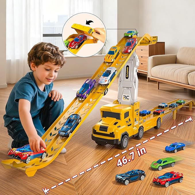 Truck Toys for Kids, Transport Vehicle with 12 Die-Cast Car, Double Race Car Track Cars Ramp Toy, Carrier Truck for Toddler 3-5, Christmas Birthday Gift for 3 4 5 6 7 8 Years Old Boys Girls