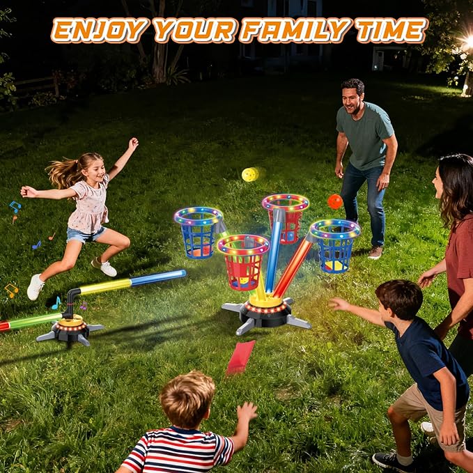 VATOS 3 in 1 Bean Bag & Ring Toss Game, Musical Jumping for Kids, Electric Spinning Base with Remote, Lights, 12 Sandbags, 12 Tossing Rings, 12 Balls, Indoor Outdoor Backyard Sport Toy for Boy Girl 3+