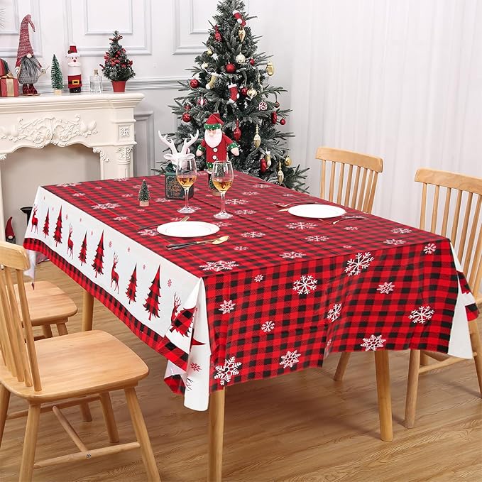3PCS Christmas Tablecloth, Red and Black Buffalo Plaid Rectangular Plastic Christmas Tablecloth, Winter Snowflake and Reindeer Disposable Waterproof Table Cover for Party Dinner Decor, 51.2x 86.6inch