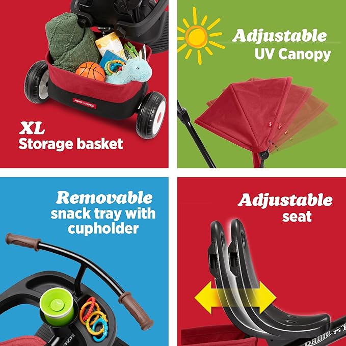 Radio Flyer City 4-in-1 Stroll 'N Trike, Red, for Riders 1-5 Years Old, 4 Riding Modes, 3 Point Harness with Comfort Pad, Parent Controlled Steering, Rear Storage, Stroller Tricycle for Toddlers