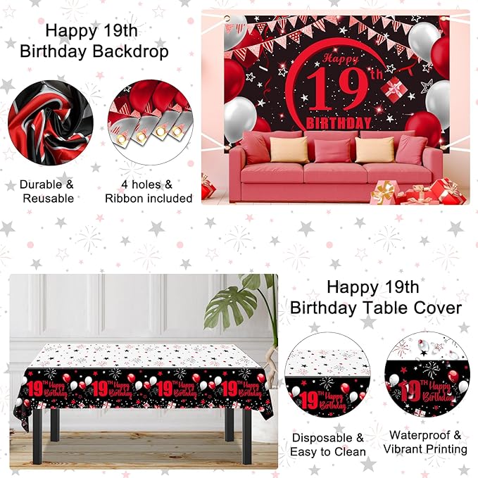 19th Birthday Decorations for Boys Men Girls, Happy 19th Birthday Banner Backdrop Red and Black, 19 Birthday Decorations Balloons Triangle Flag Tablecloth, 19 Year Old Boy Bday Party Supplies Decor