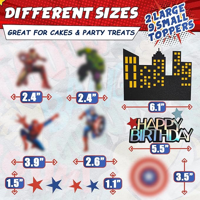 Superhero Birthday Decorations - 11Pcs Colorful Superhero Cake Topper with Bold Action Figures, Sturdy Cardboard & Installation Stick, Easy to Use, Super Hero Birthday Decorations for Boys & Girls