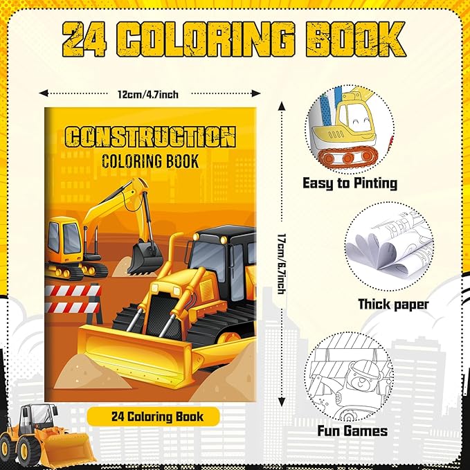 BenLouis 24 Pcs Construction Mini Coloring Books Kids Excavator Theme Party Favors Small Activity Books Bulk for Kids Construction Birthday Goodie Bags Stuffers Return Gifts Classroom Travel