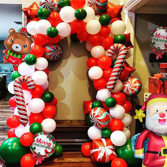 100 Pcs Christmas Red Green Balloons 12 Inch Red Green and White Latex Balloons with 65ft Ribbon for Christmas Birthday Baby Shower Party Decorations