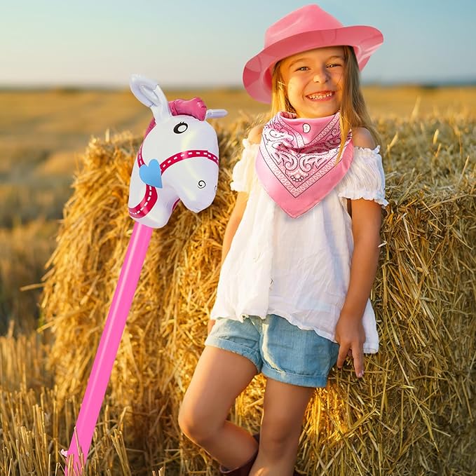 Xtinmee 36 Pcs Cowboy Party Costume Set, Cowboy Hats Paisley Bandanas Inflatable Stick Horses Kids Party Supplies
