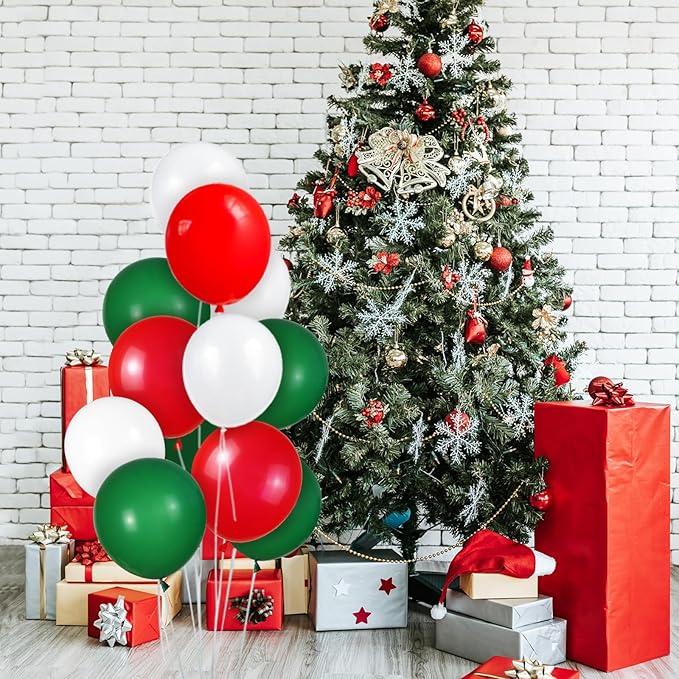 100 Pcs Christmas Red Green Balloons 12 Inch Red Green and White Latex Balloons with 65ft Ribbon for Christmas Birthday Baby Shower Party Decorations