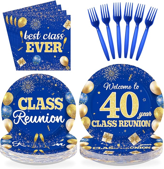 96Pcs 40th Class Reunion Decorations Happy 40th Anniversary Plates and Napkins Blue Gold Welcome Back Tableware Set for Class Reunion Welcome Back 40 Years Classmate Party Supplies Serves 24