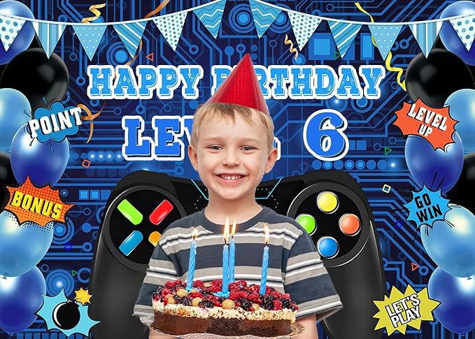 Game Theme Level 6 Birthday Backdrop Video Game Happy 6th Birthday Party Decorations Level Up Theme Boys Kids Birthday Party Supplies(7×5FT)